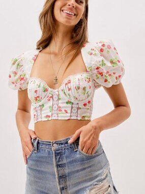 For Love & Lemons | White Strawberry Floral Lace "Celia" Bustier Crop Top Medium